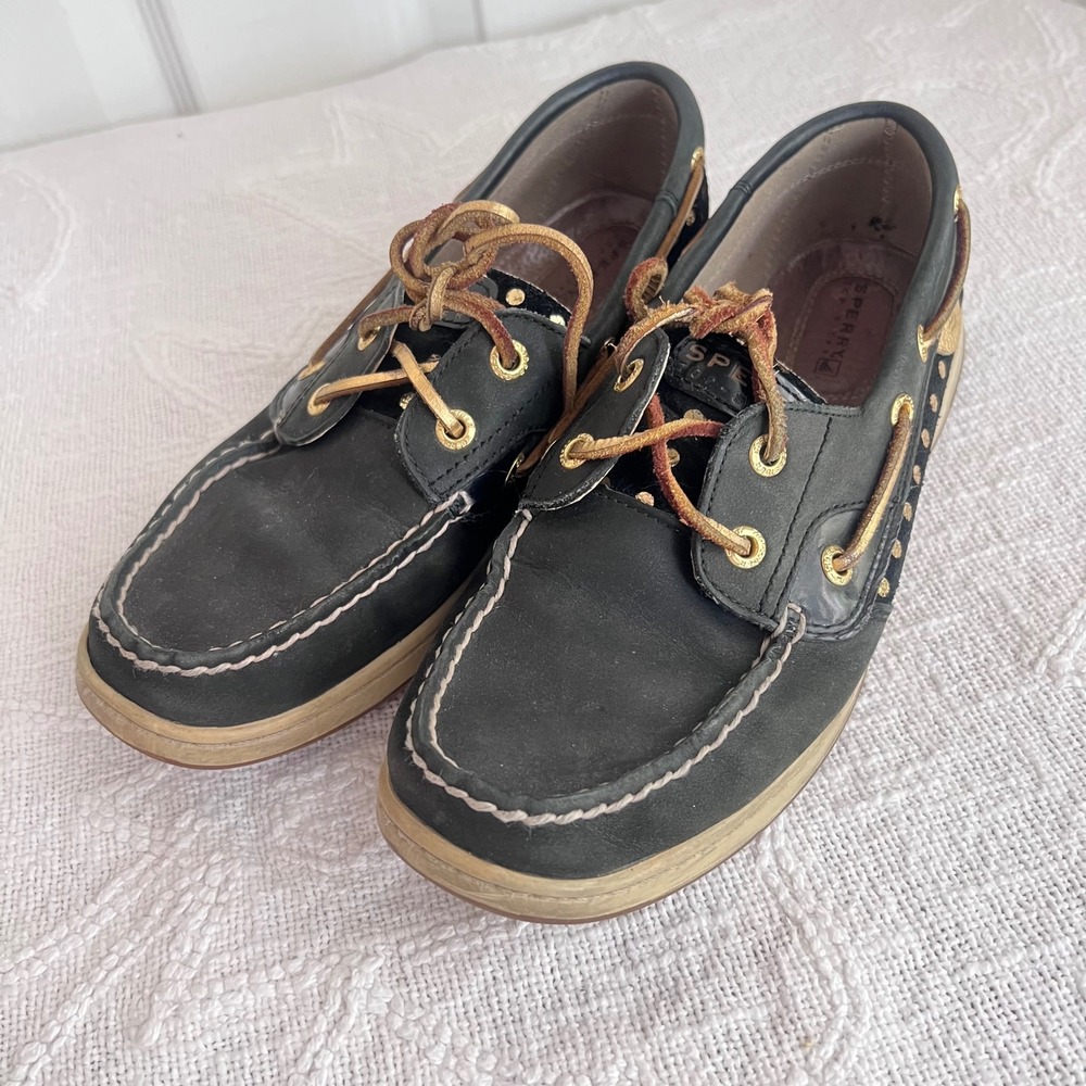 Sperry Boat Shoes Womens 8M Black Gold Polka Dot Studded Nautical Preppy